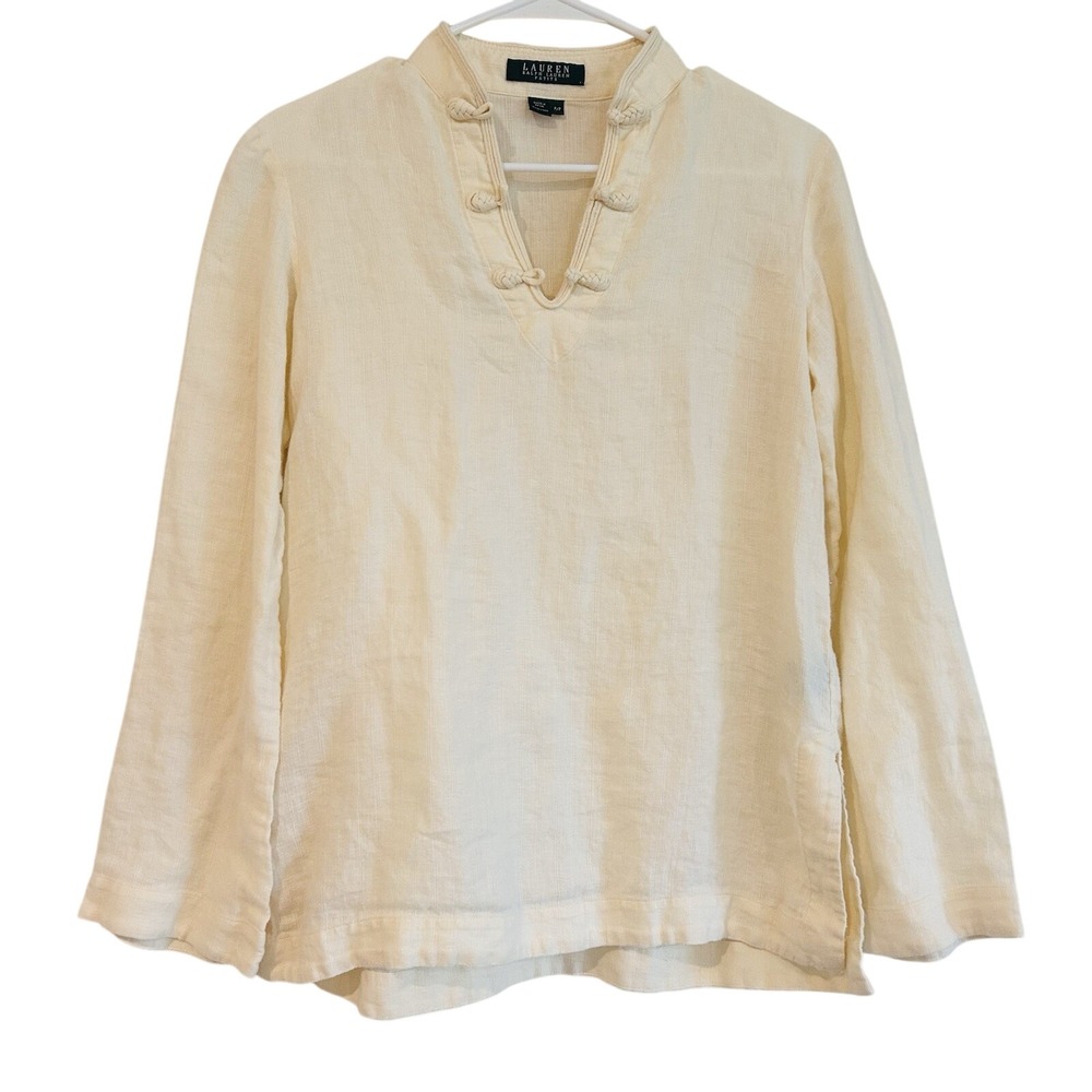 Vtg Lauren Ralph Lauren LRL Linen Tunic Blouse Sz P/P Long Sleeve Beachy FLAW